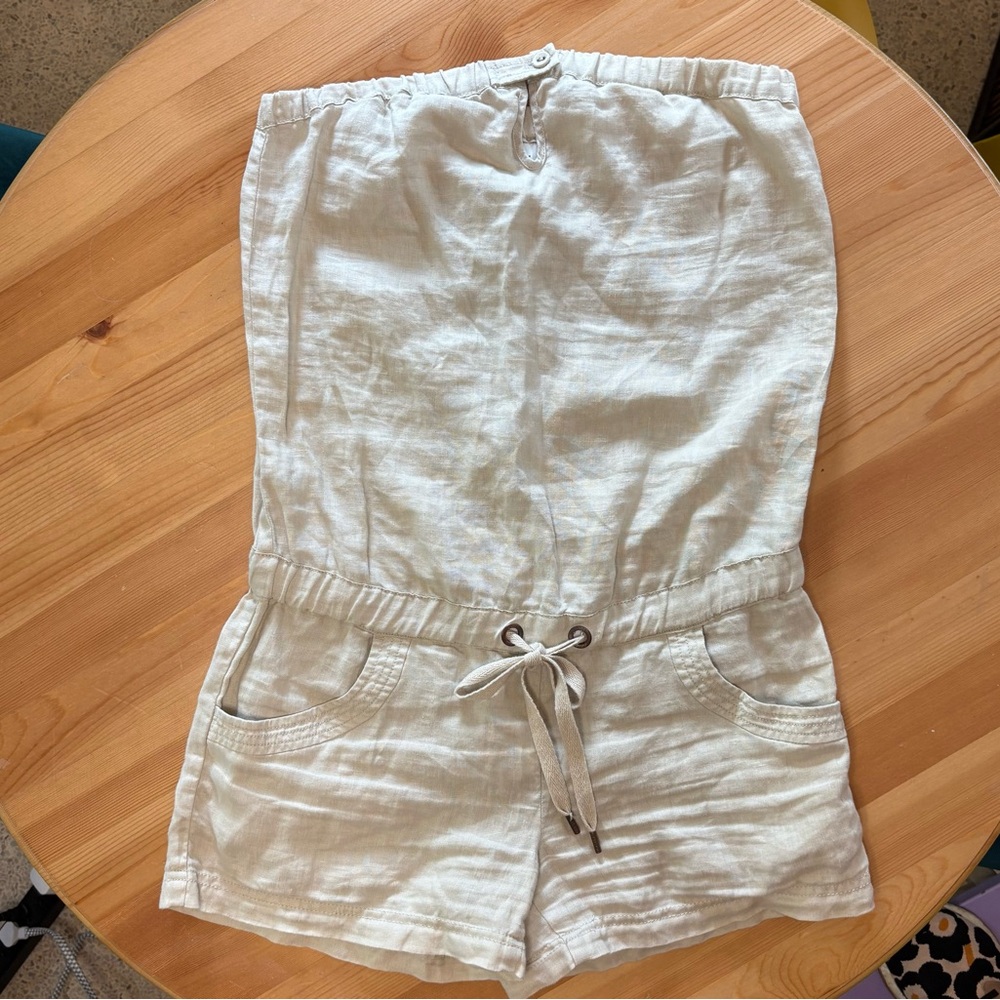 Guess S Light Beige Strapless Linen Romper
